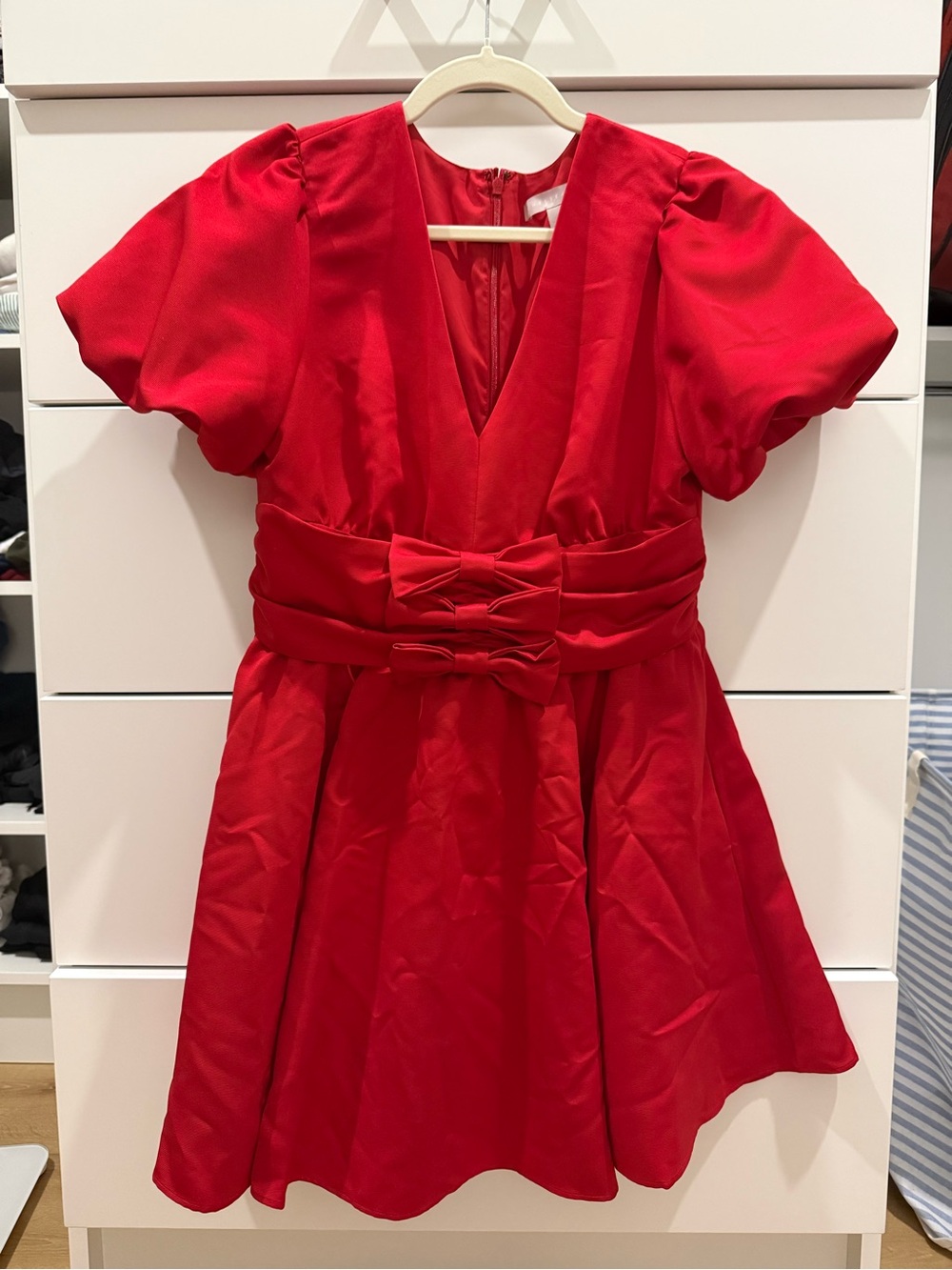 Chelsea28 Red V-Neck Bow-Waist Puff Sleeve Party Dress